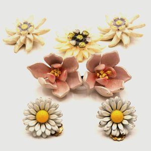 Vintage Group of Flower White Pink Yellow and Blue Clip-on Earrings and Brooch
